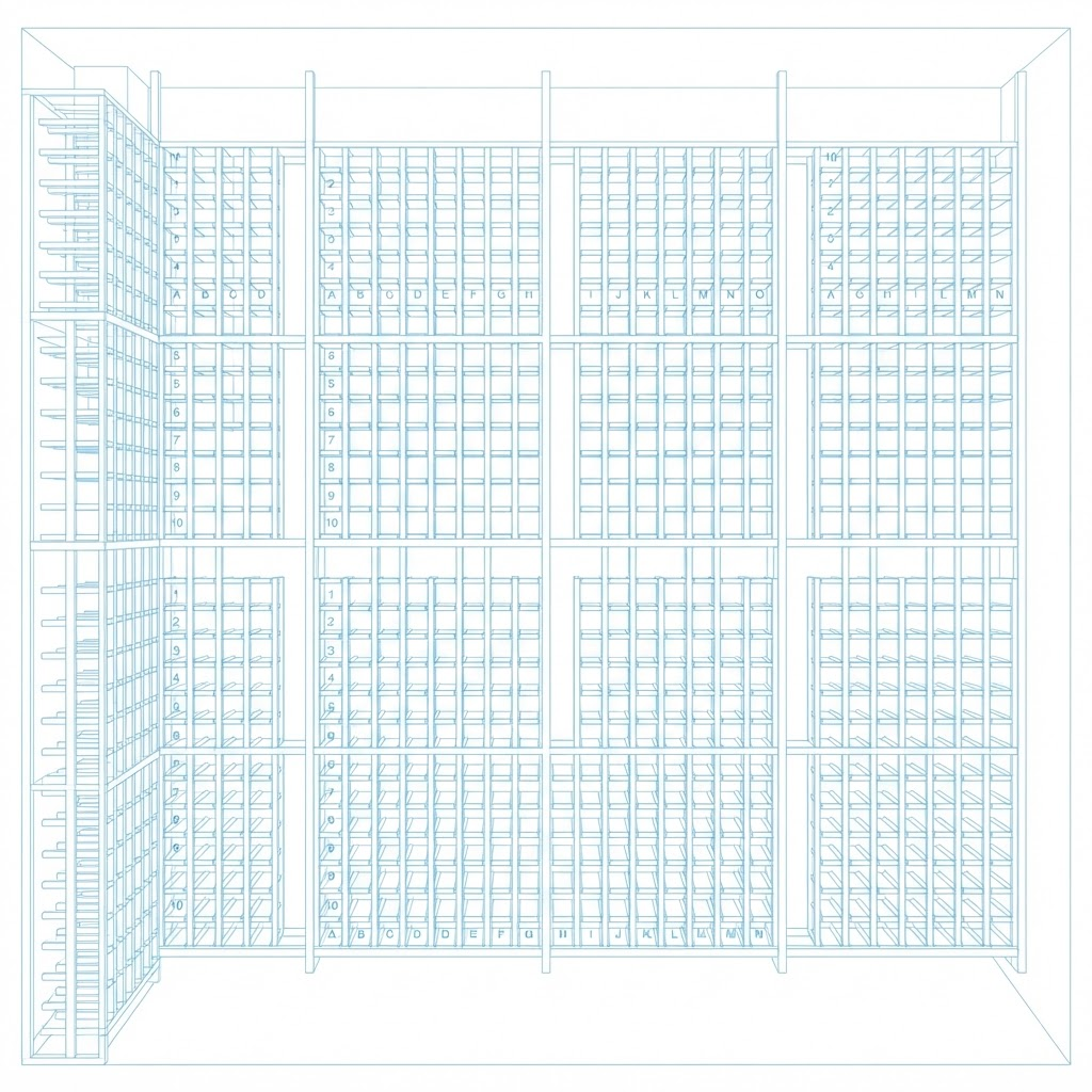 Diagram of a cellar storage grid, divided into zones, racks, columns and numbered slots